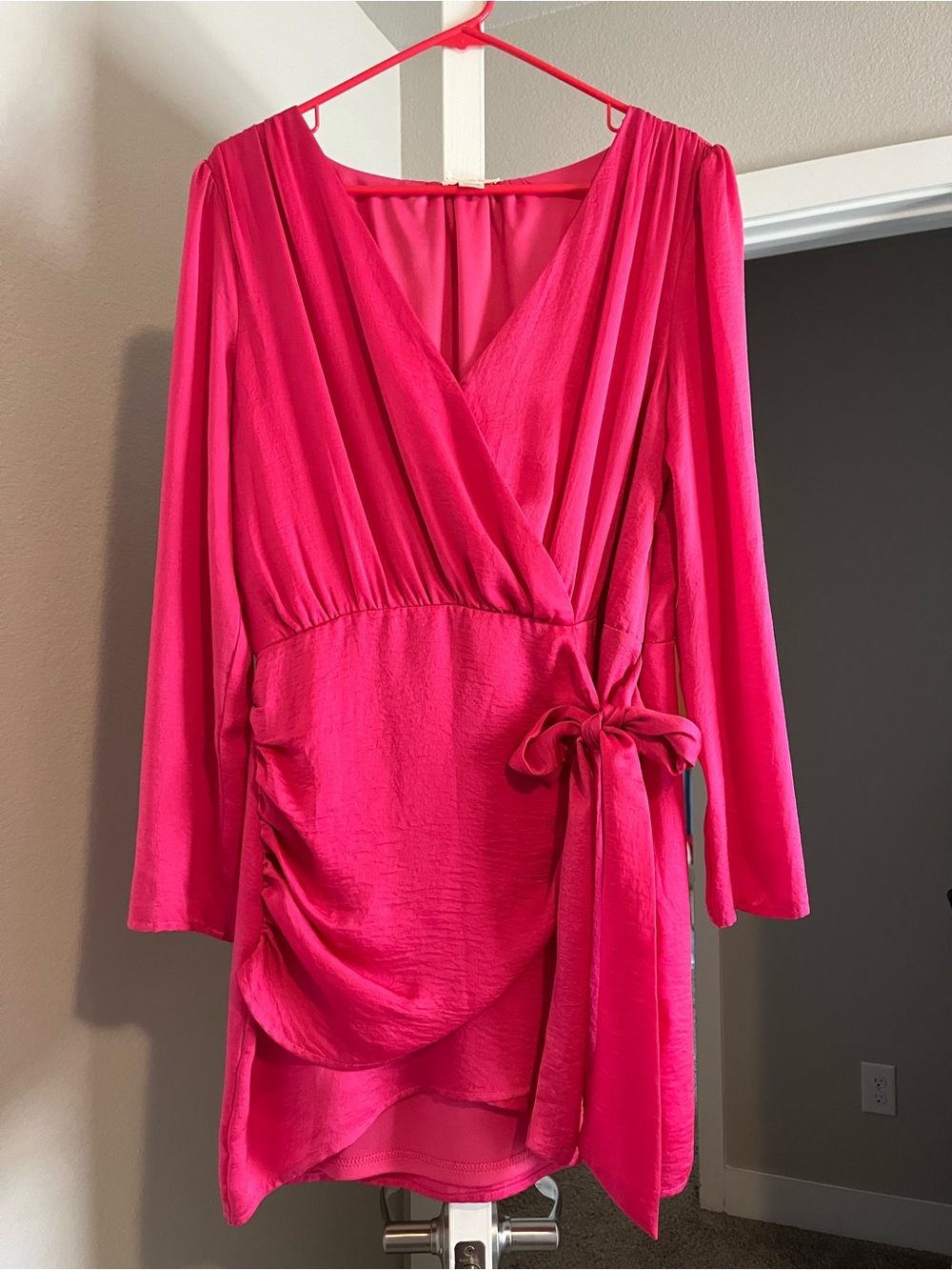 Hot Pink Wrap-Style Long Sleeve Dress